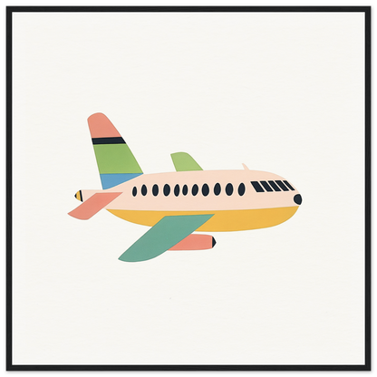 Cartoon-style passenger airplane with colorful stripes from Peach Pursuits Soar