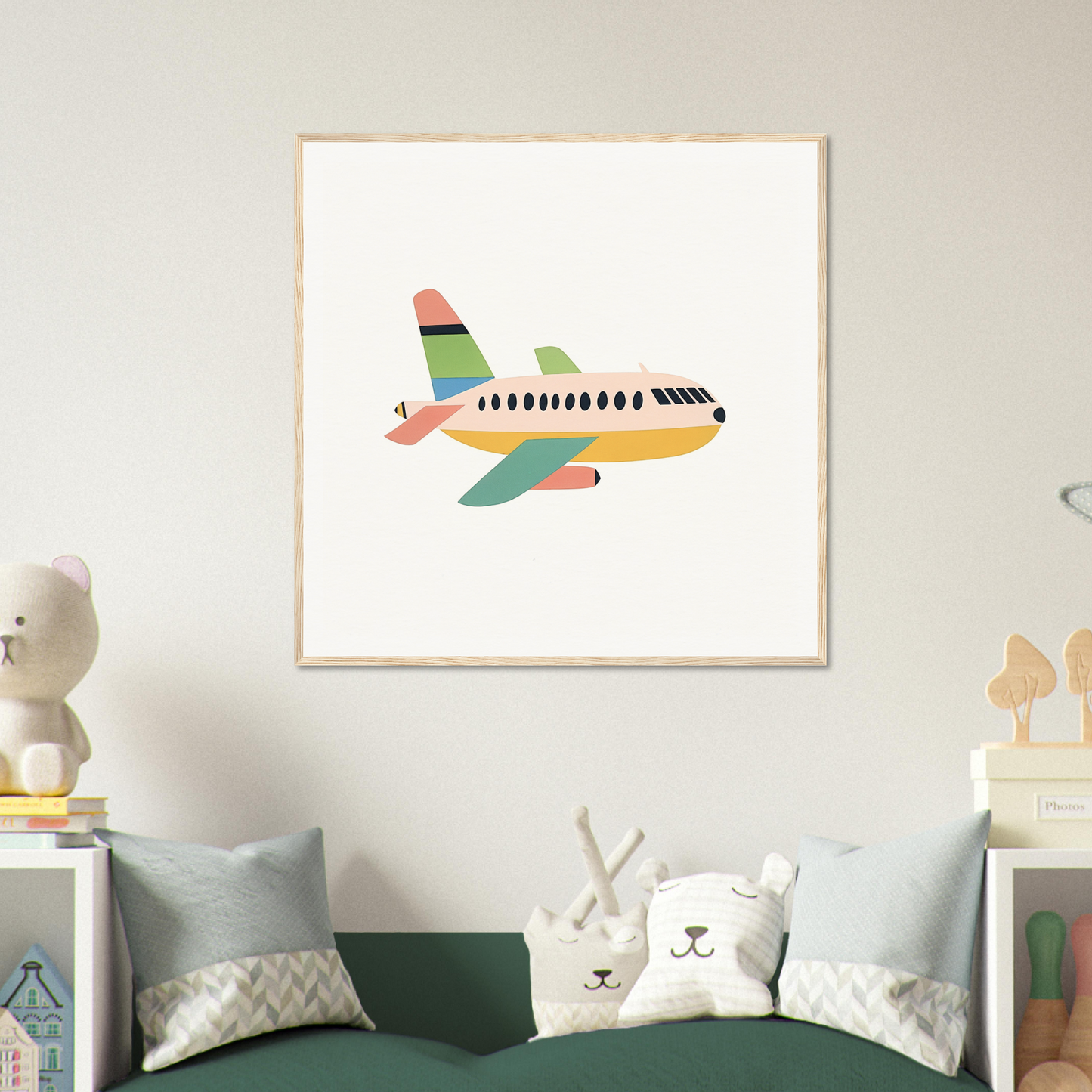 Colorful cartoon airplane with stripes in minimalist style from Peach Pursuits Soar