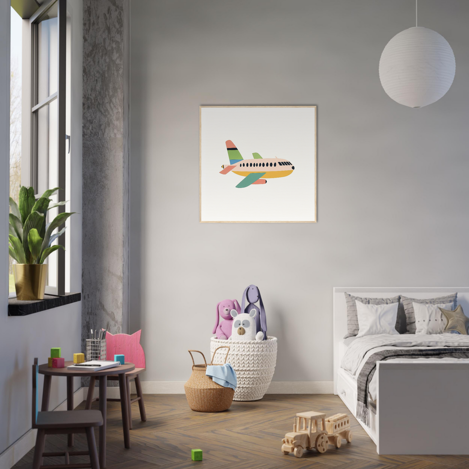 Modern bedroom with minimalist decor and airplane illustration from Peach Pursuits Soar