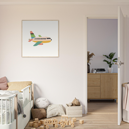 Colorful cartoon airplane illustration from Peach Pursuits Soar in a simple frame