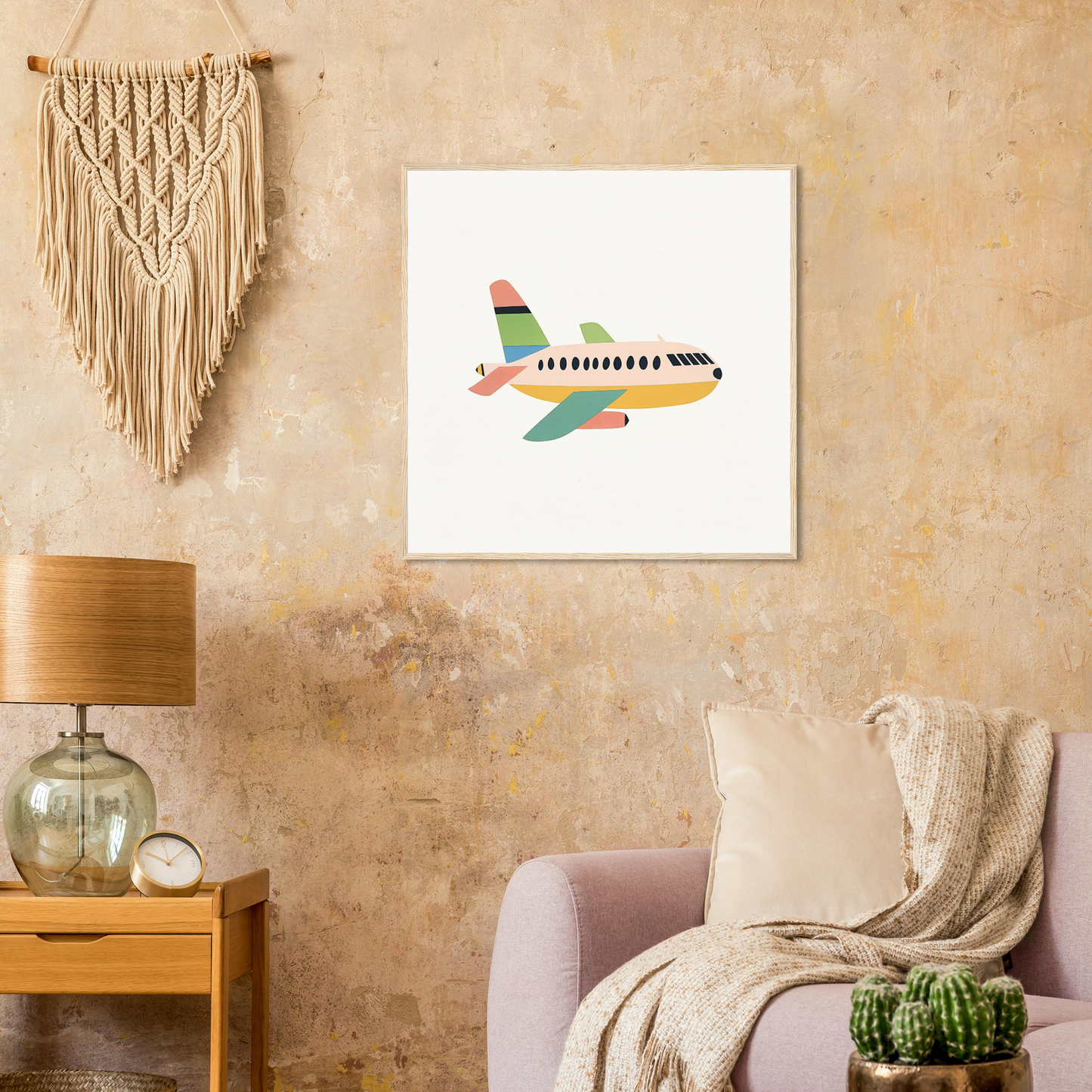 Colorful cartoon airplane illustration for Peach Pursuits Soar on white canvas