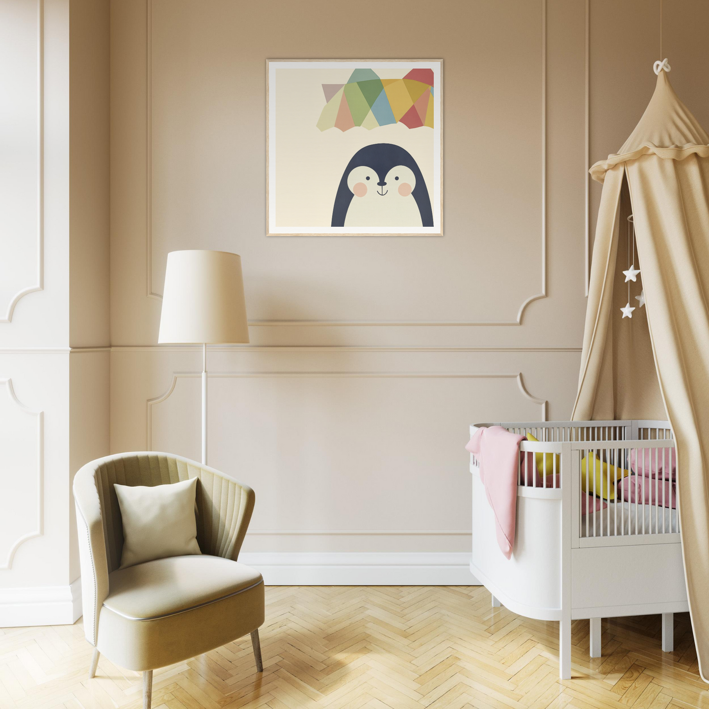 Modern nursery with white crib and Penguin Prismament special edition art above