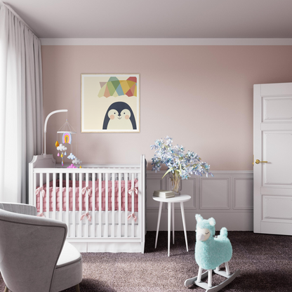 White wooden crib with pink bedding from the Penguin Prismament Special Edition Art