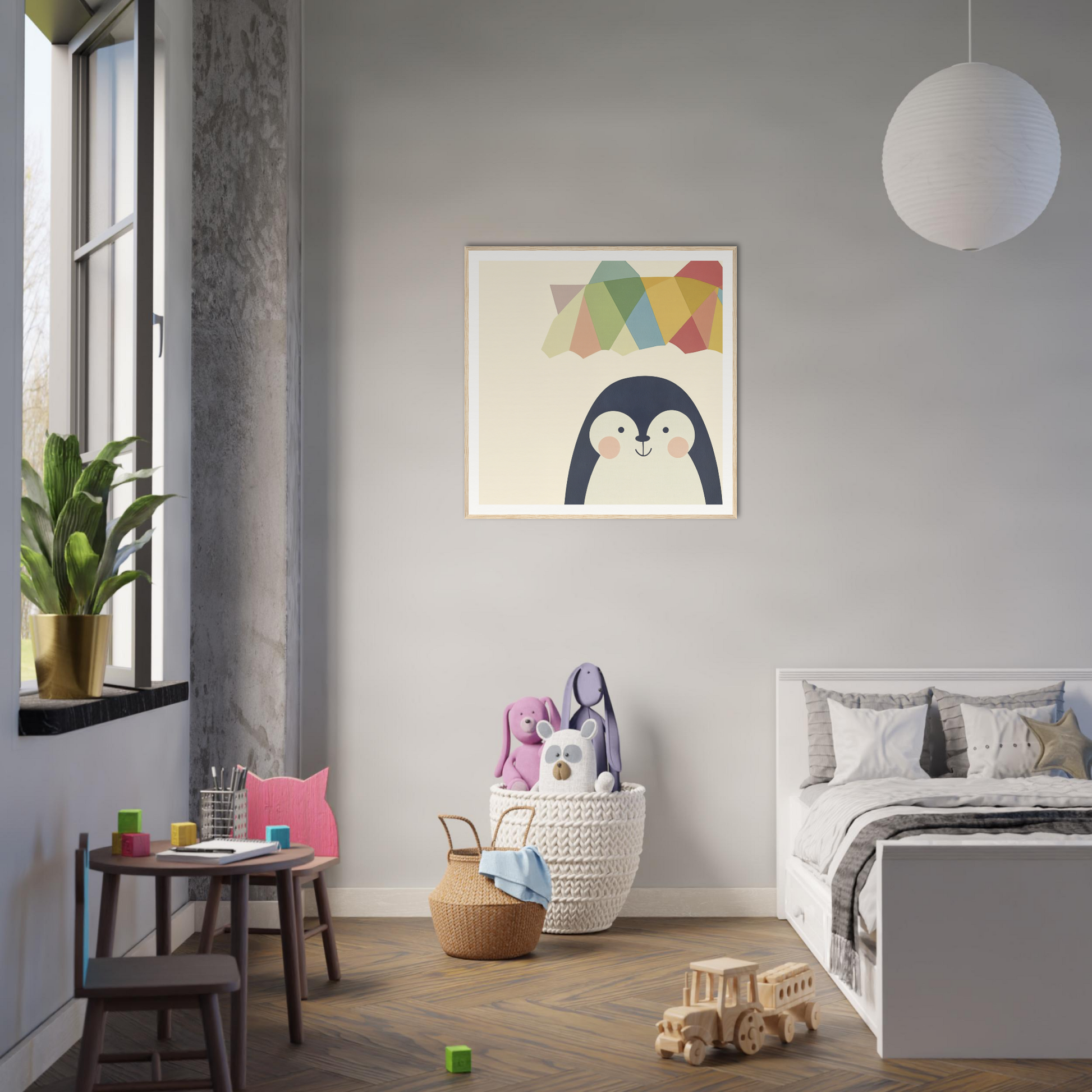 Modern bedroom with minimalist decor showcasing Penguin Prismament art print on the wall