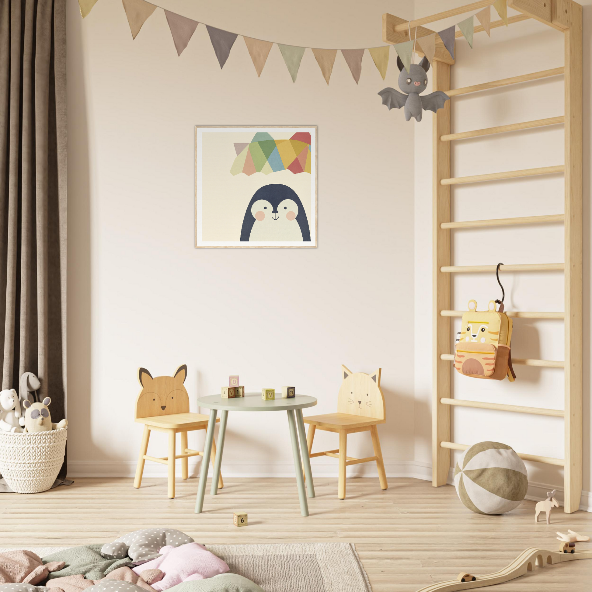 Children’s play area featuring Penguin Prismament animal-themed chairs and table