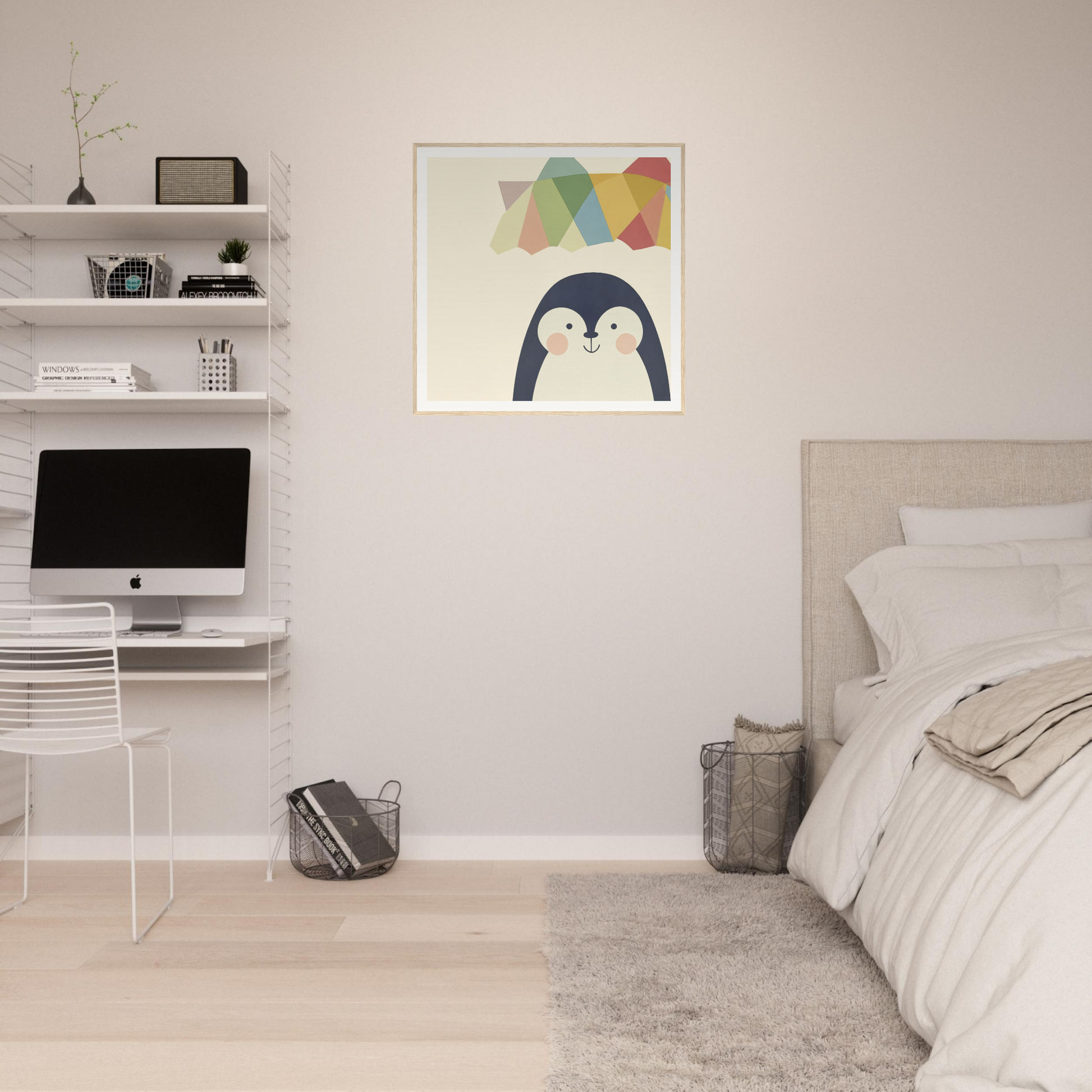 Minimalist bedroom featuring Penguin Prismament art print on white walls and shelves