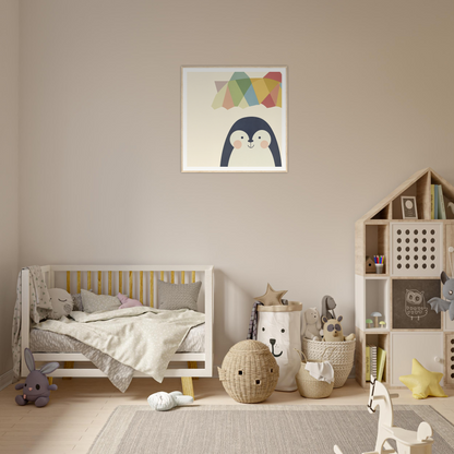 Cozy nursery featuring neutral colors and Penguin Prismament artwork