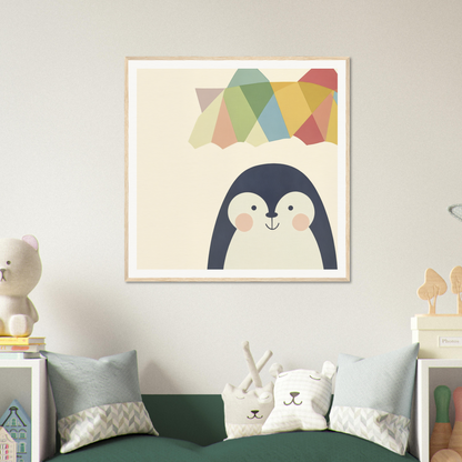 Framed art print of a cute penguin character in Penguin Prismament with geometric shapes