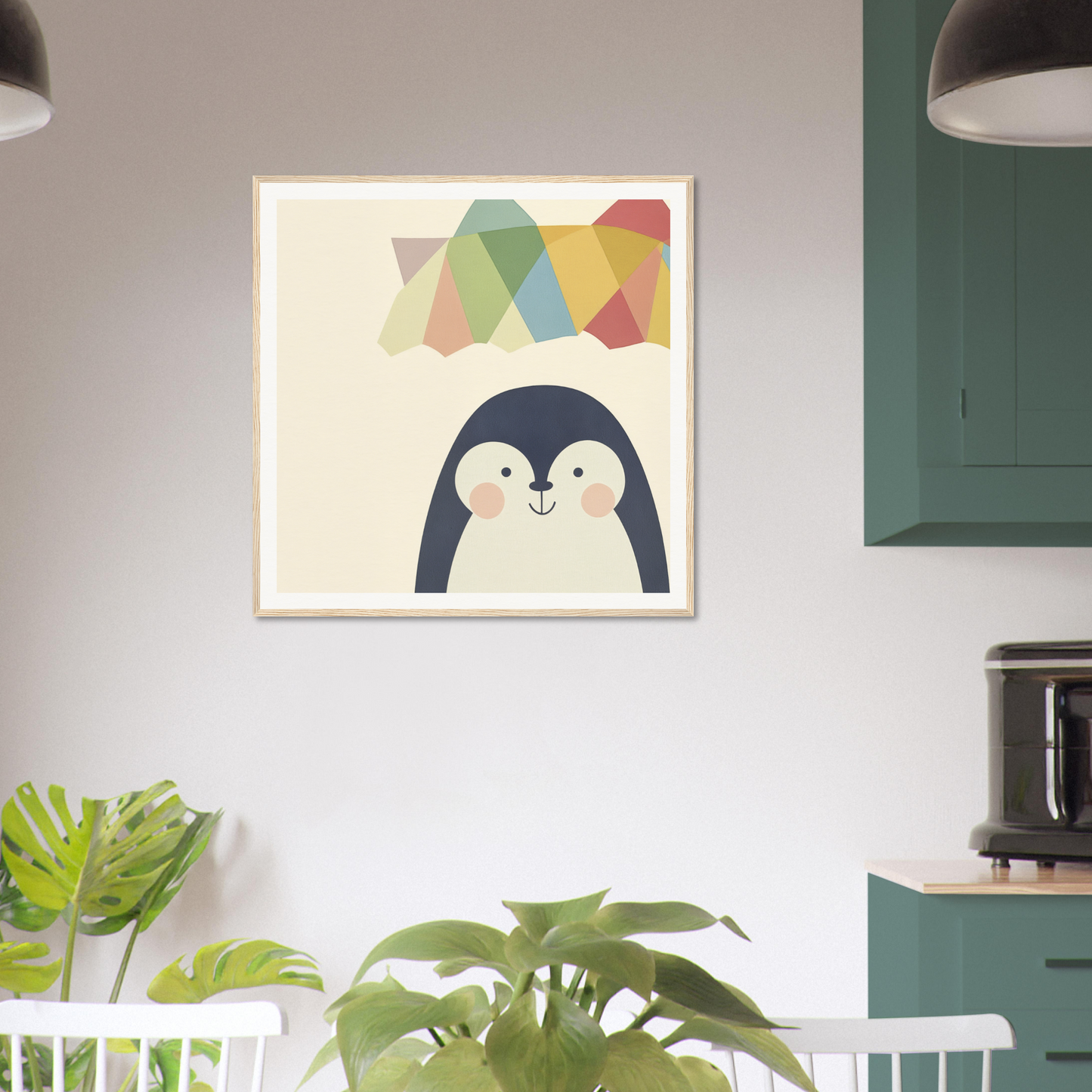 Framed Penguin Prismament featuring a cute penguin and colorful geometric shapes