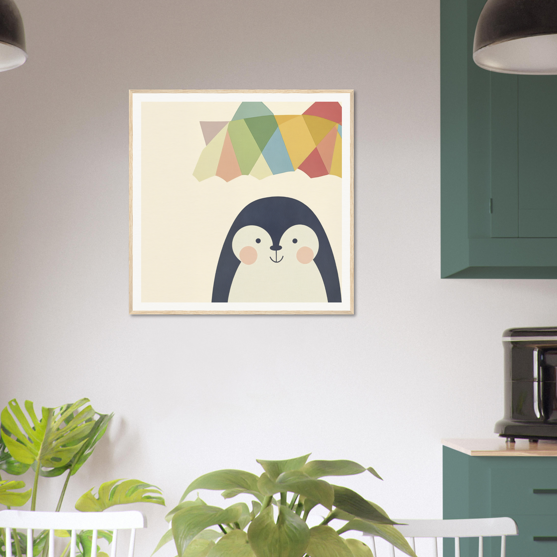 Framed Penguin Prismament featuring a cute penguin and colorful geometric shapes