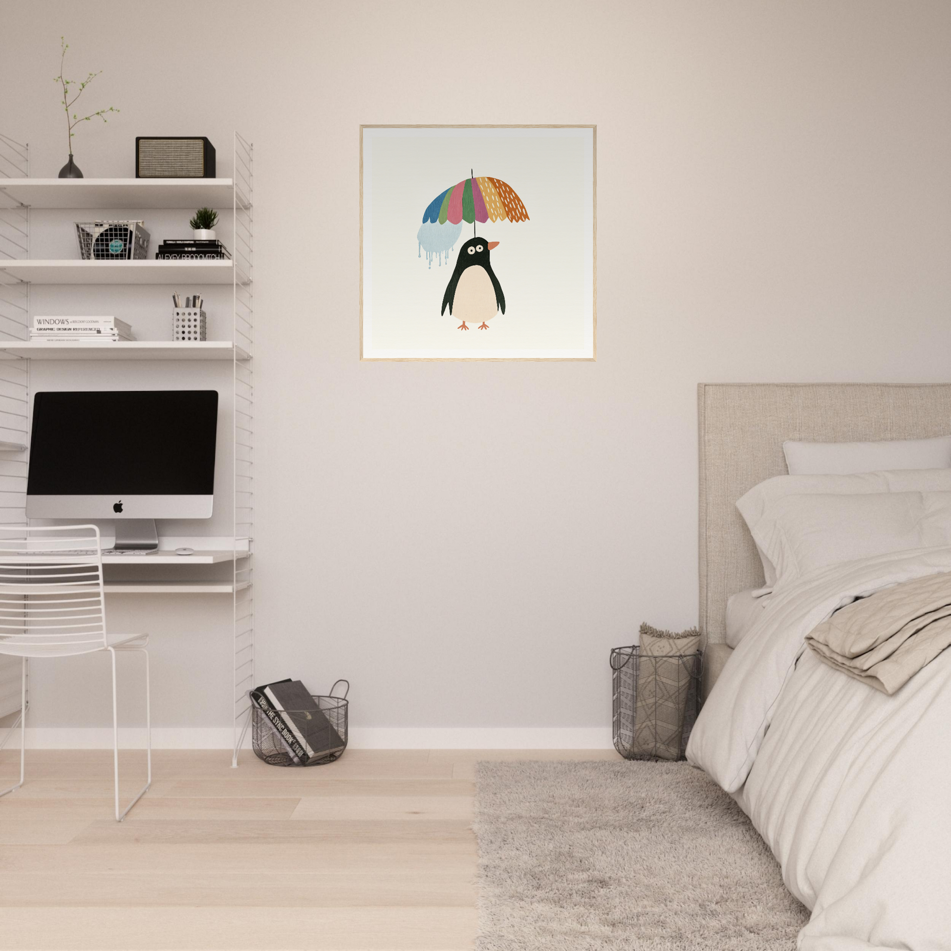 Minimalist bedroom with white walls, floating shelves, and Penguin Umbrella Revel artwork
