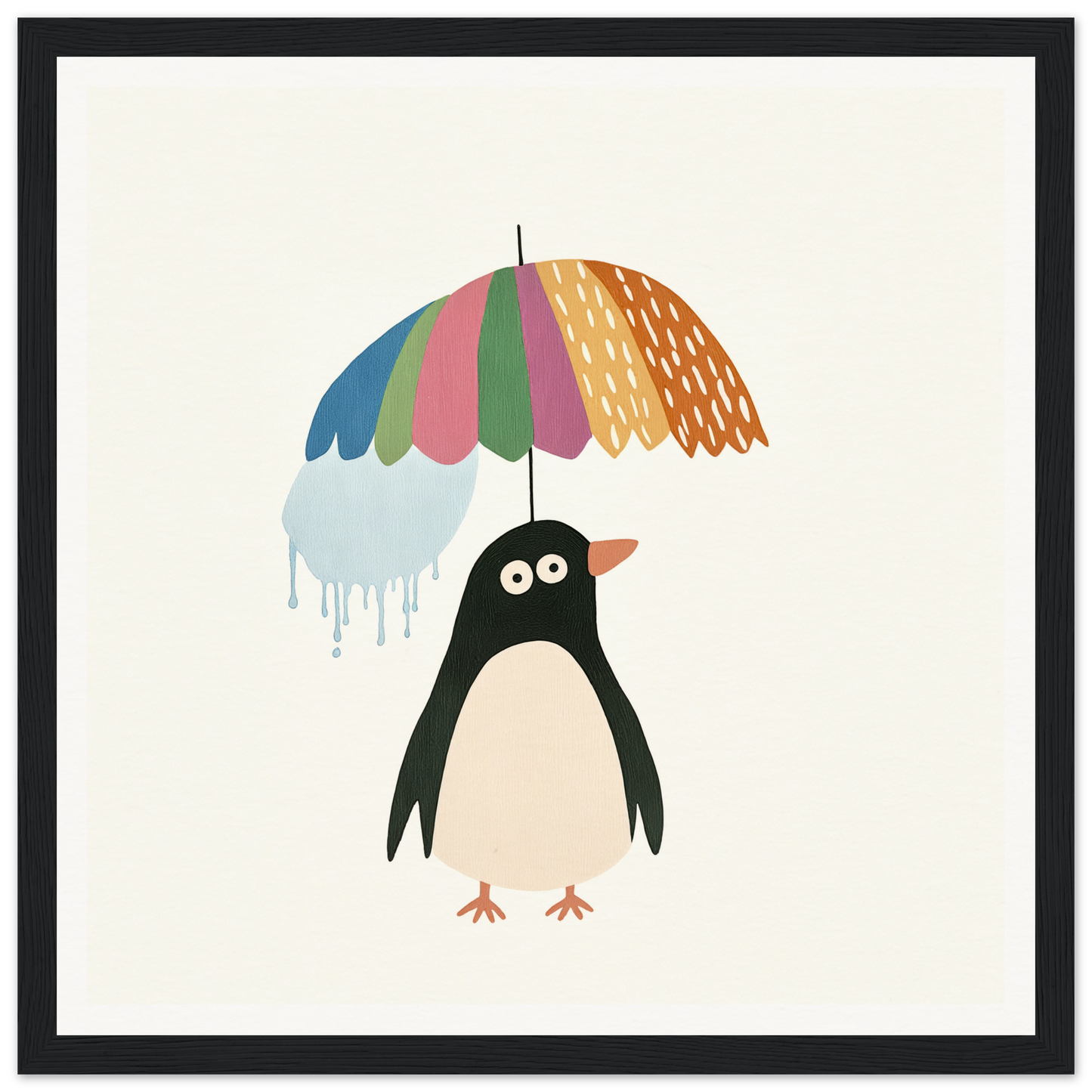 Penguin holding a colorful umbrella with dripping water in Penguin Umbrella Revel
