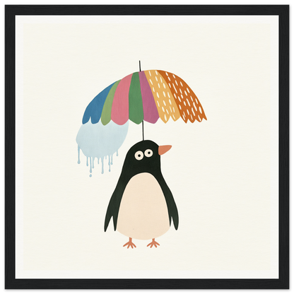 Penguin holding a colorful umbrella with dripping water in Penguin Umbrella Revel