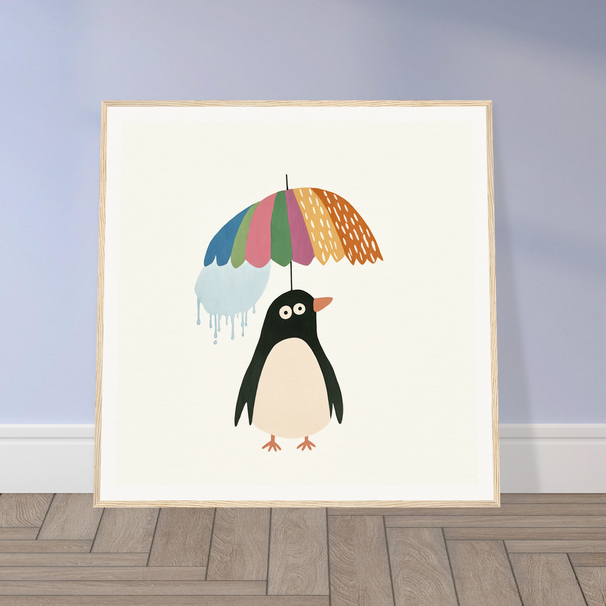 Cartoon penguin holding a colorful umbrella in Penguin Umbrella Revel special edition art™