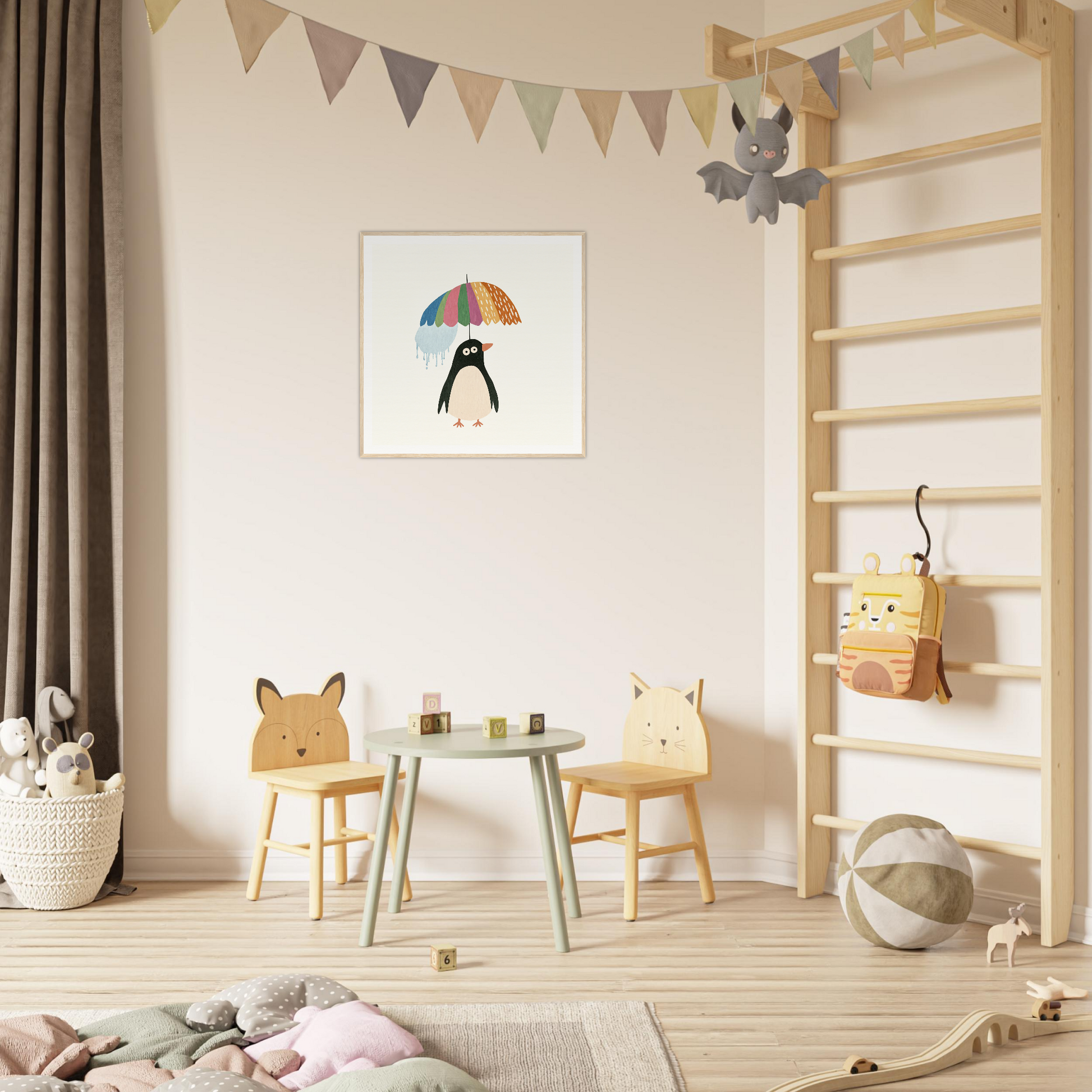 Children’s play area featuring animal-themed chairs and table from Penguin Umbrella Revel