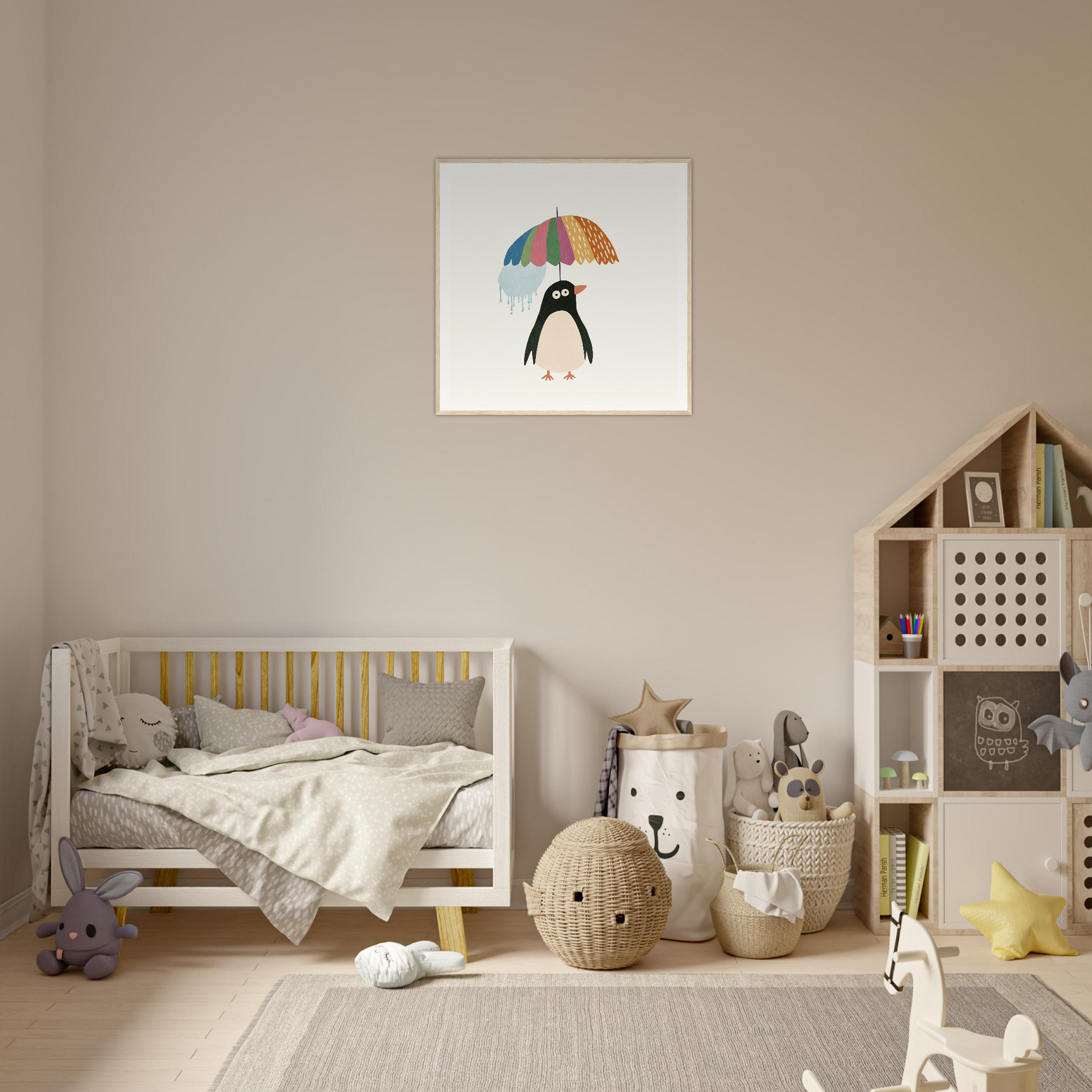Cozy nursery featuring Penguin Umbrella Revel art above a neutral-toned crib