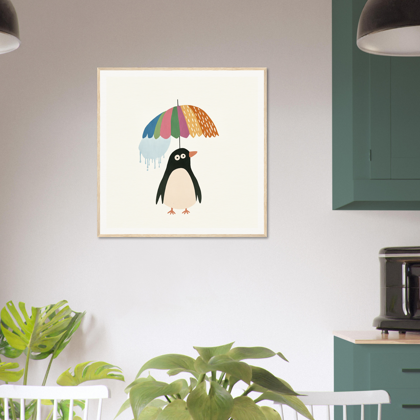 Cartoon penguin holding a colorful umbrella from Penguin Umbrella Revel special edition art™