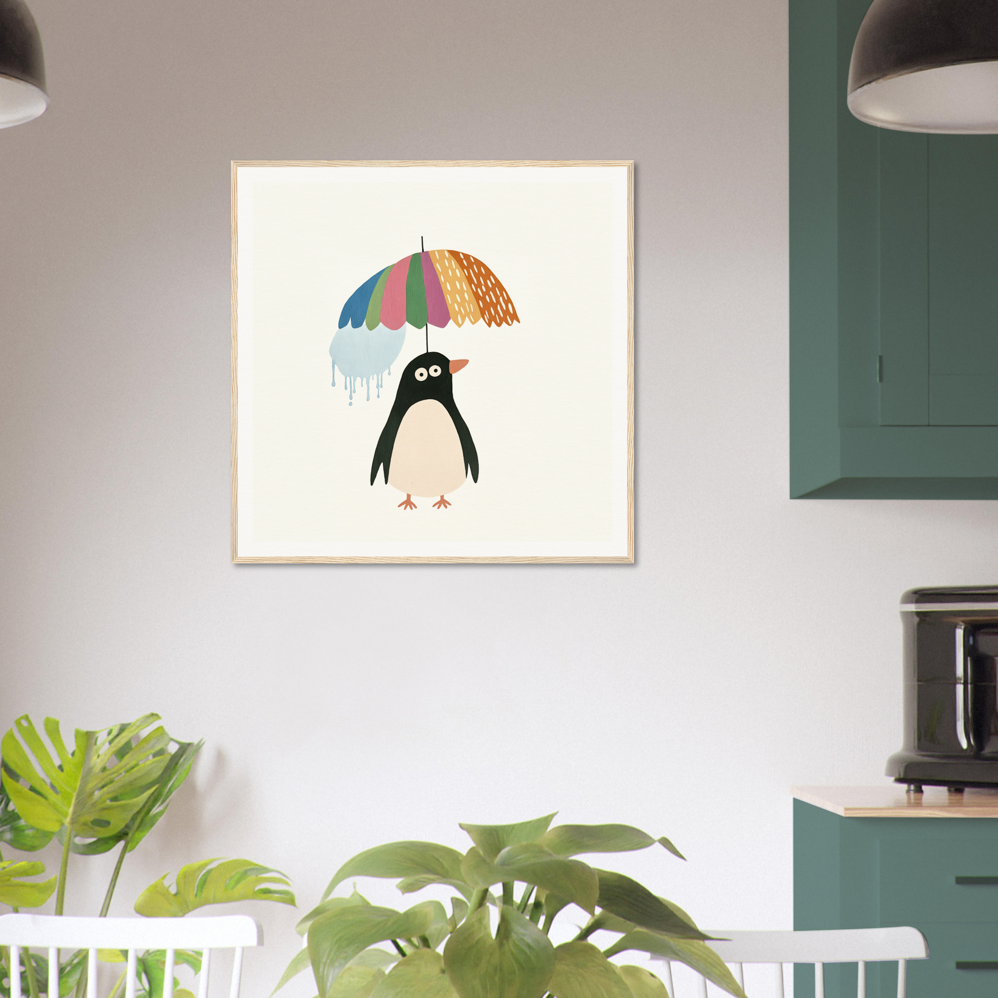 Cartoon penguin holding a colorful umbrella from Penguin Umbrella Revel special edition art™