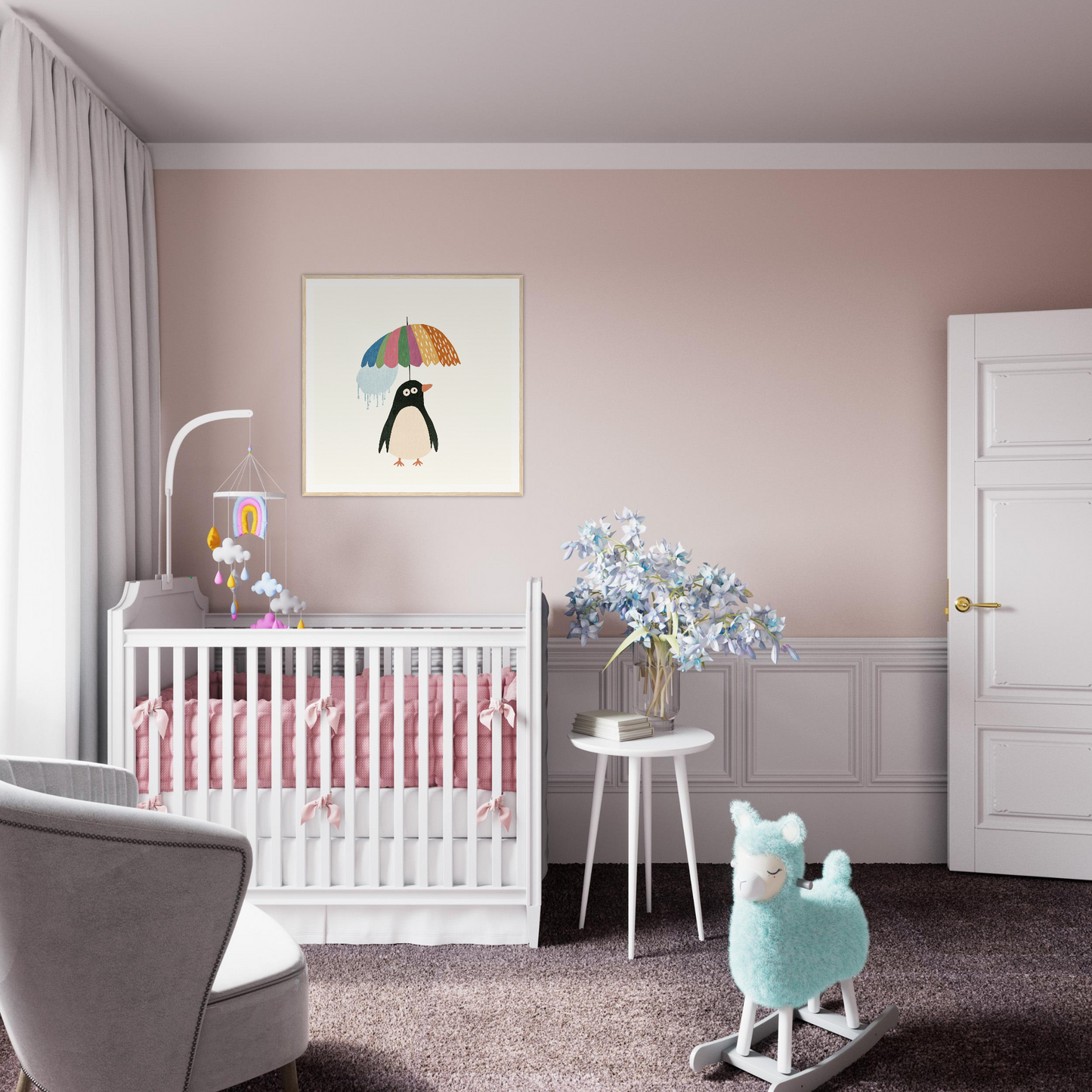 White wooden crib with pink bedding from Penguin Umbrella Revel special edition art
