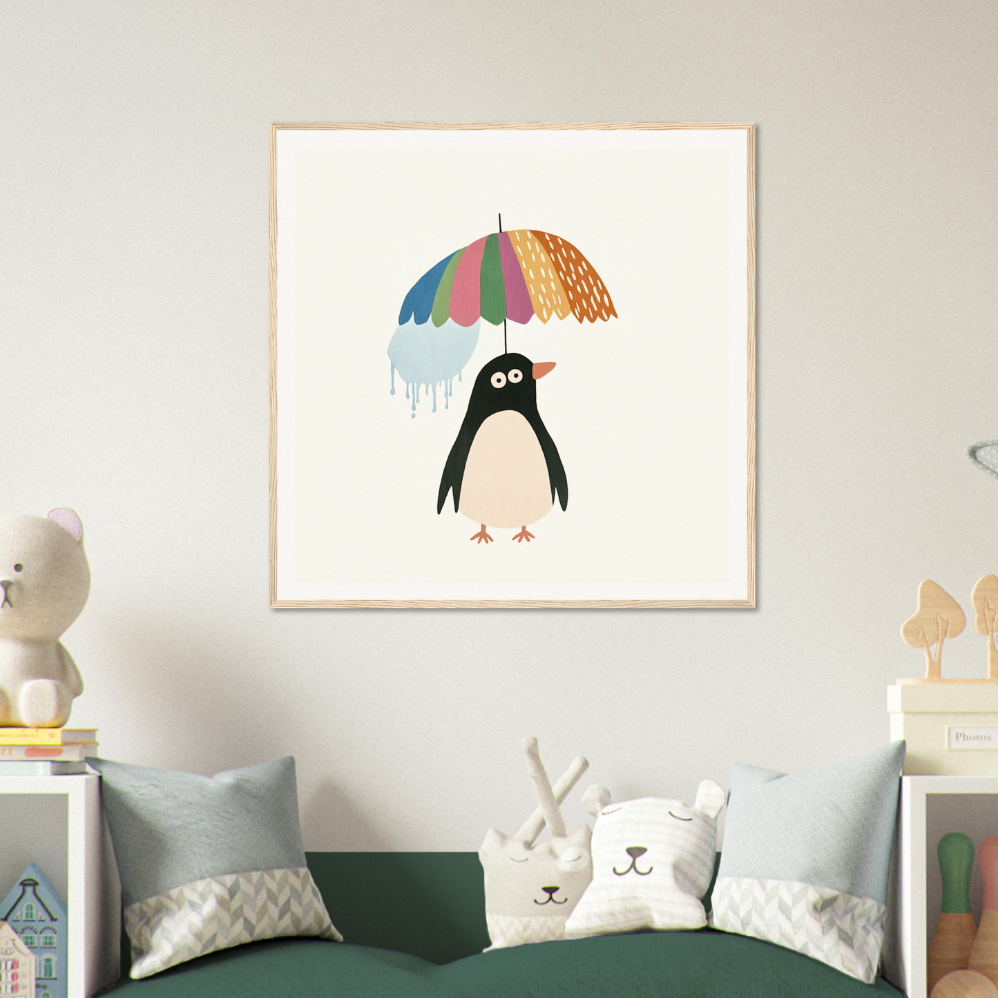 Cartoon penguin holding a colorful umbrella in the Penguin Umbrella Revel design