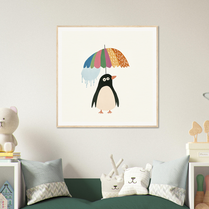Cartoon penguin holding a colorful umbrella in the Penguin Umbrella Revel design