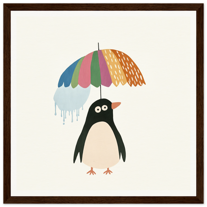 Penguin holding a colorful striped umbrella in the Penguin Umbrella Revel special edition art™