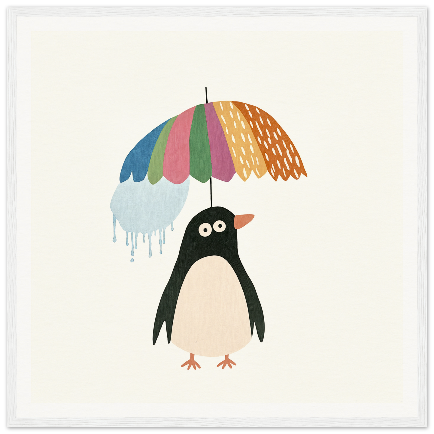 Penguin holding a colorful umbrella with dripping water from Penguin Umbrella Revel