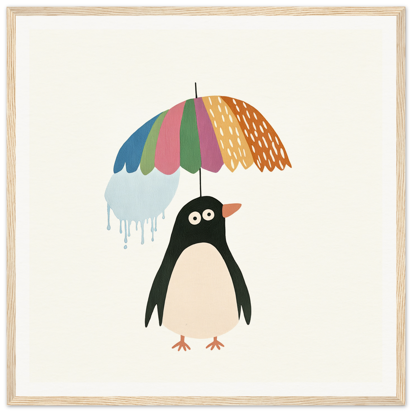 Penguin Umbrella Revel features a penguin with a colorful umbrella and dripping water