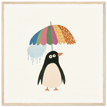 Penguin Umbrella Revel features a penguin with a colorful umbrella and dripping water