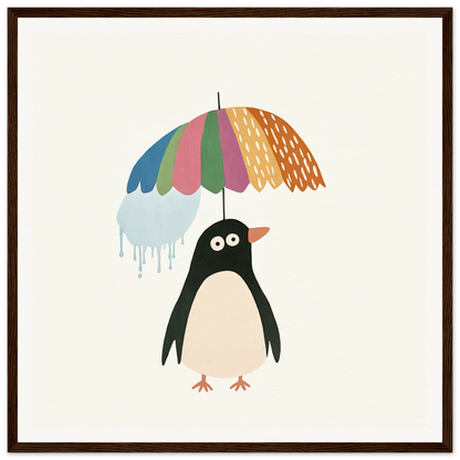 Penguin holding a colorful umbrella with dripping water from Penguin Umbrella Revel