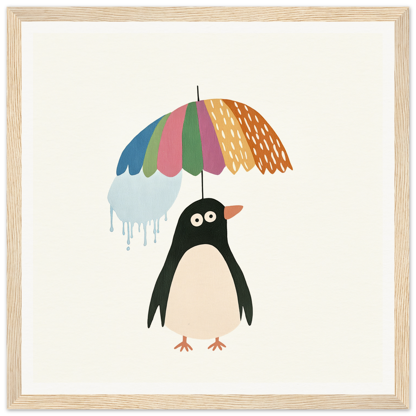 Penguin holding a colorful umbrella in the special edition art Penguin Umbrella Revel