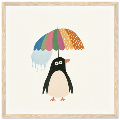 Penguin holding a colorful umbrella in the special edition art Penguin Umbrella Revel