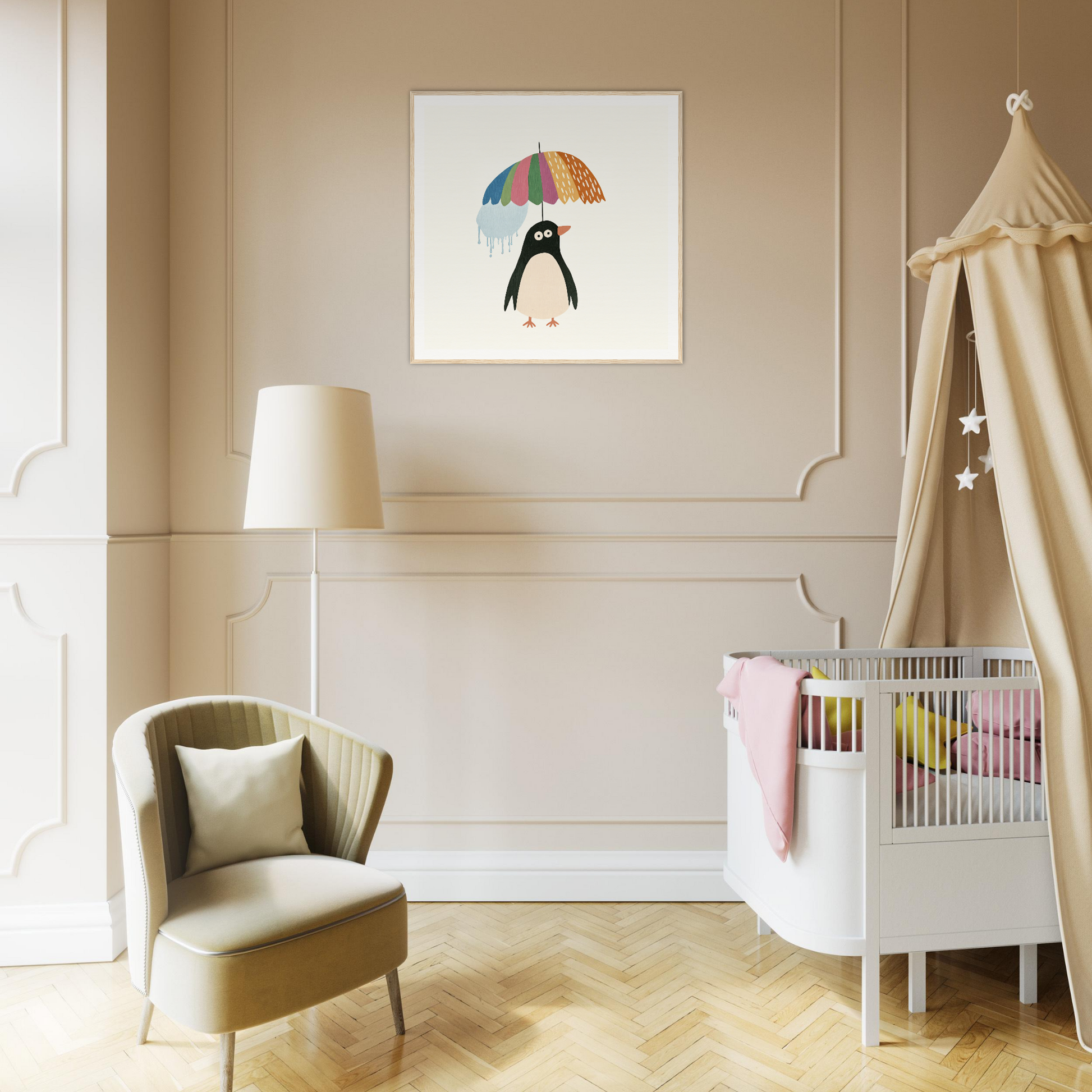 Modern nursery featuring Penguin Umbrella Revel with beige canopy and penguin artwork