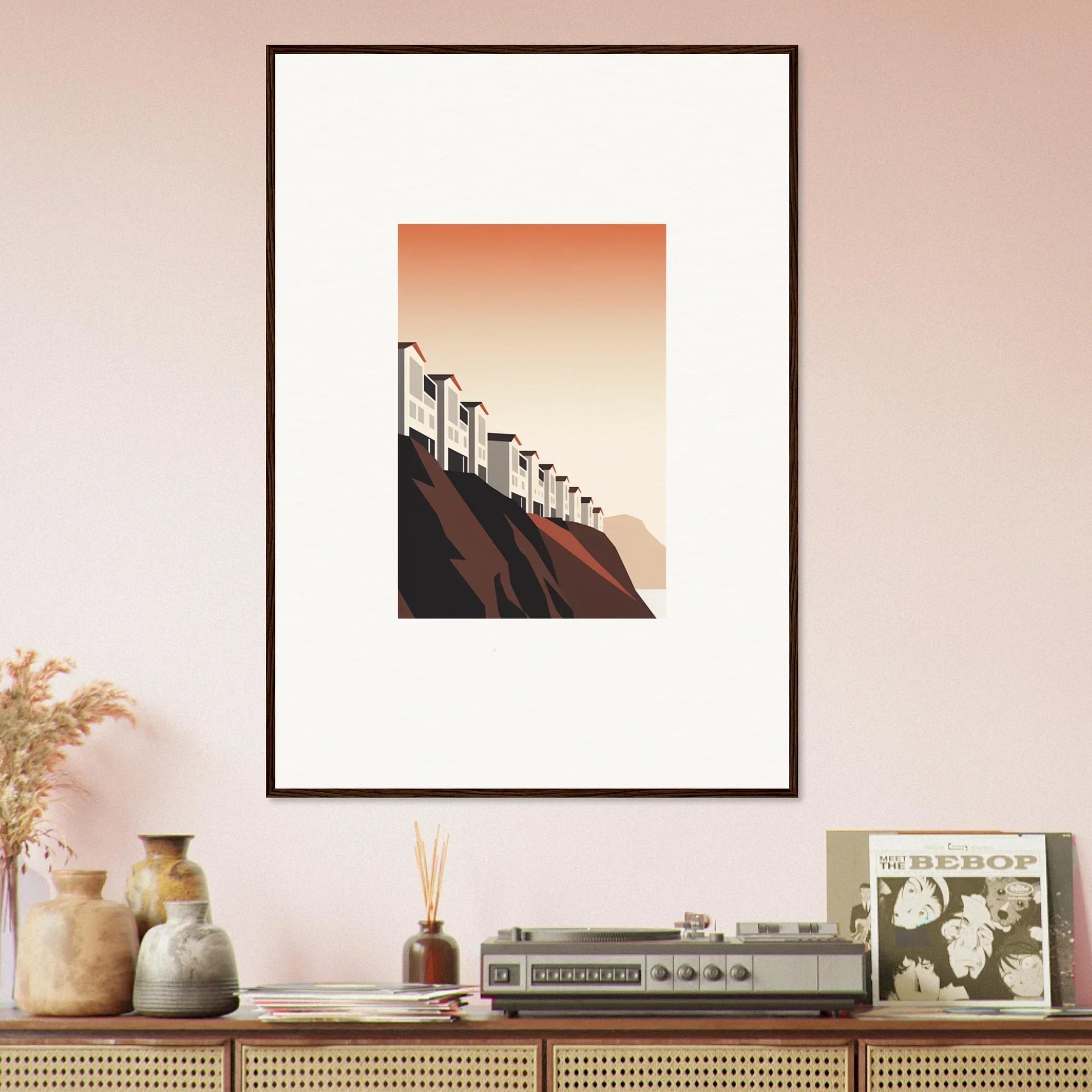 Framed wall art of a cliff with streetlights and sunset, perfect for room decoration