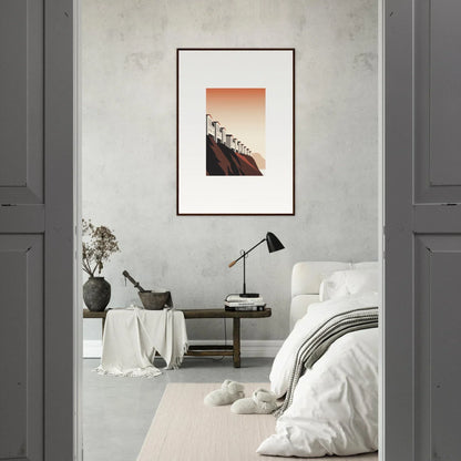 Framed wall art of palm trees on a cliff at sunset, perfect for room decoration