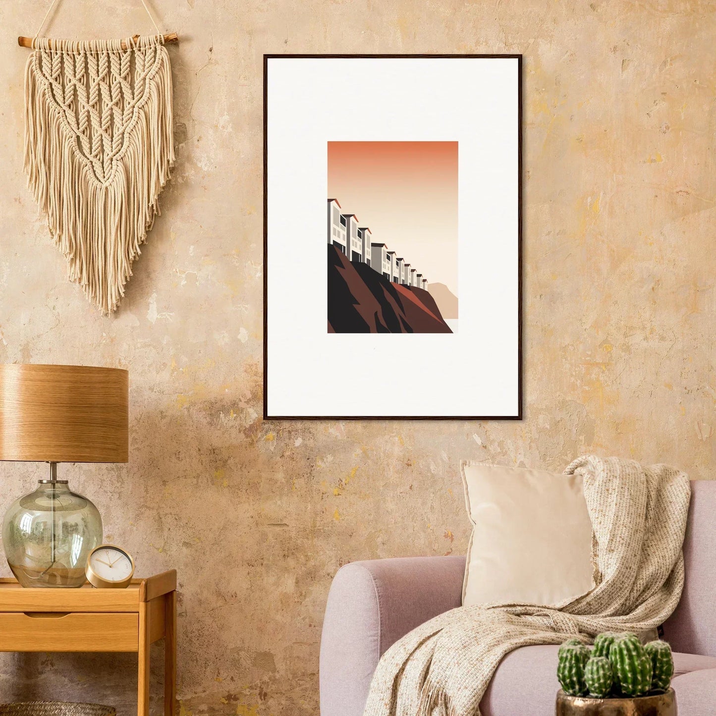 Framed wall art of wind turbines at sunset, perfect for room decoration as a canvas print