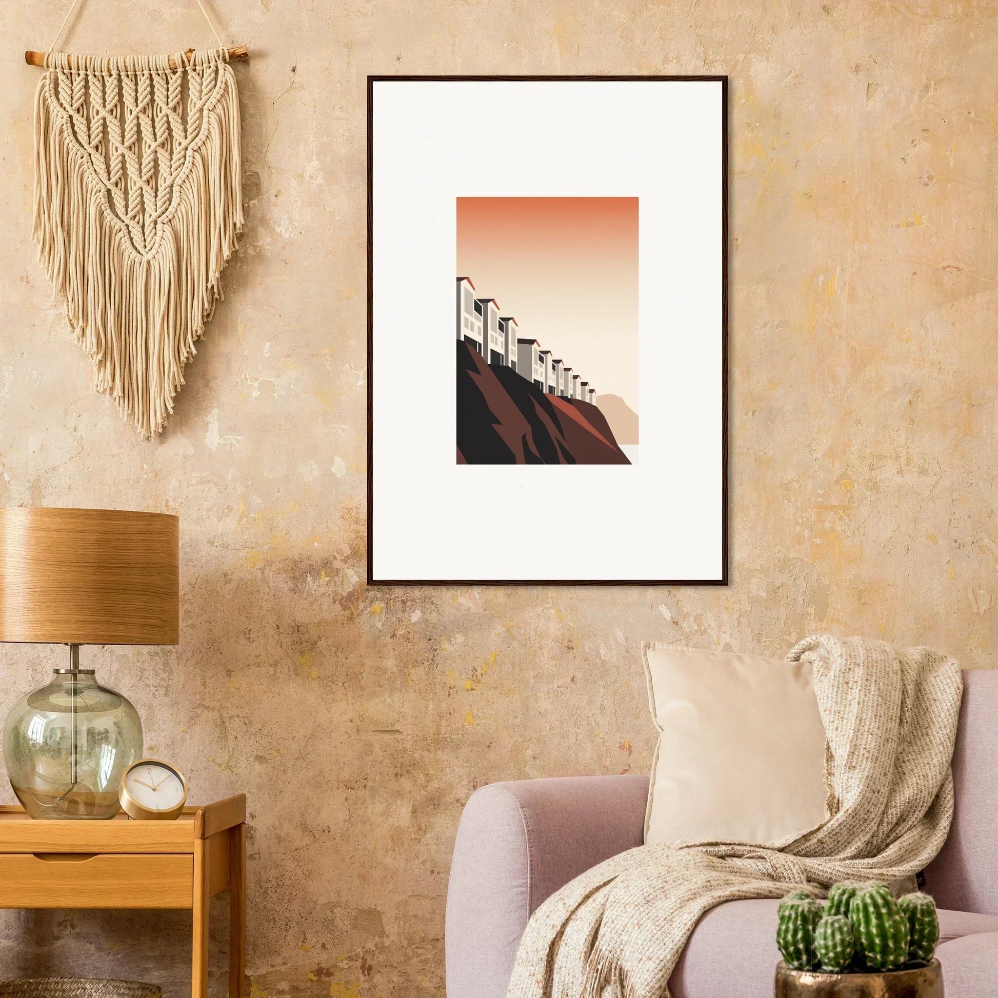 Framed wall art of wind turbines at sunset, perfect for room decoration as a canvas print