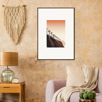 Framed wall art of wind turbines at sunset, perfect for room decoration as a canvas print