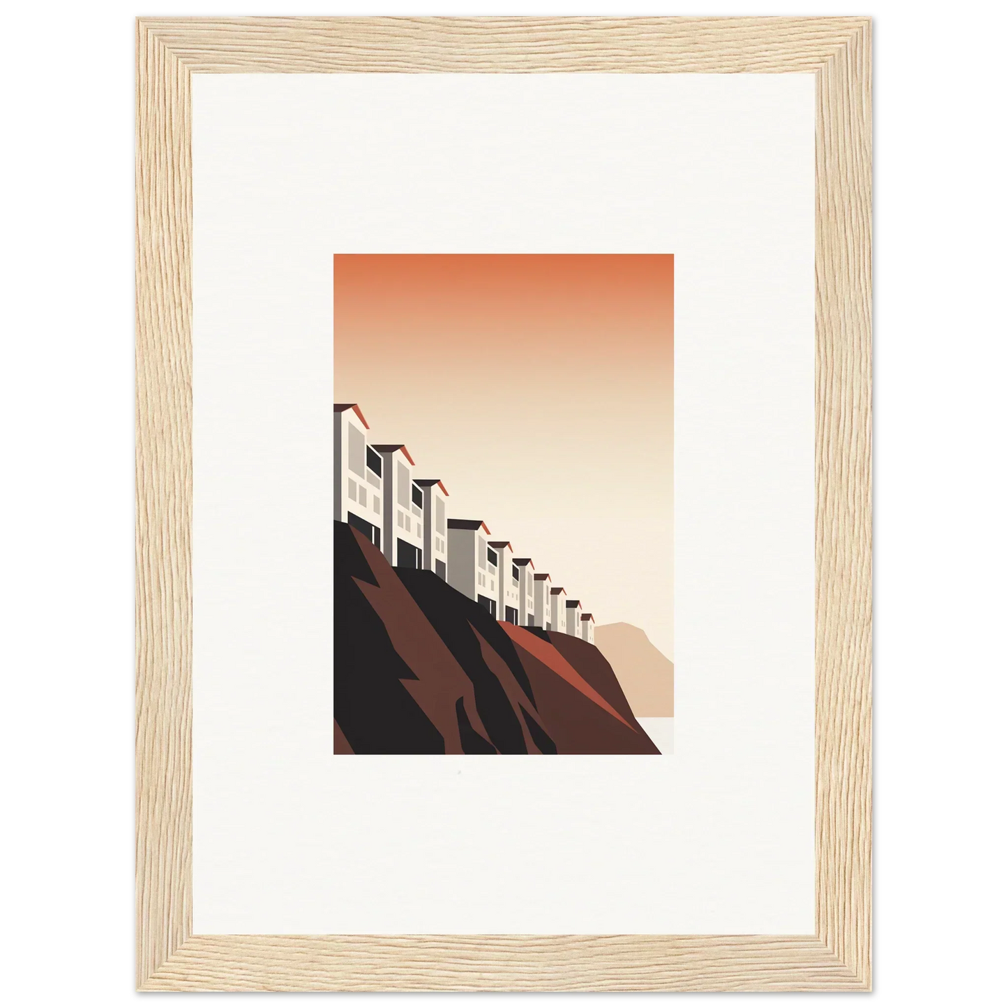 Framed wall art of colorful houses on a hillside for stylish room decoration