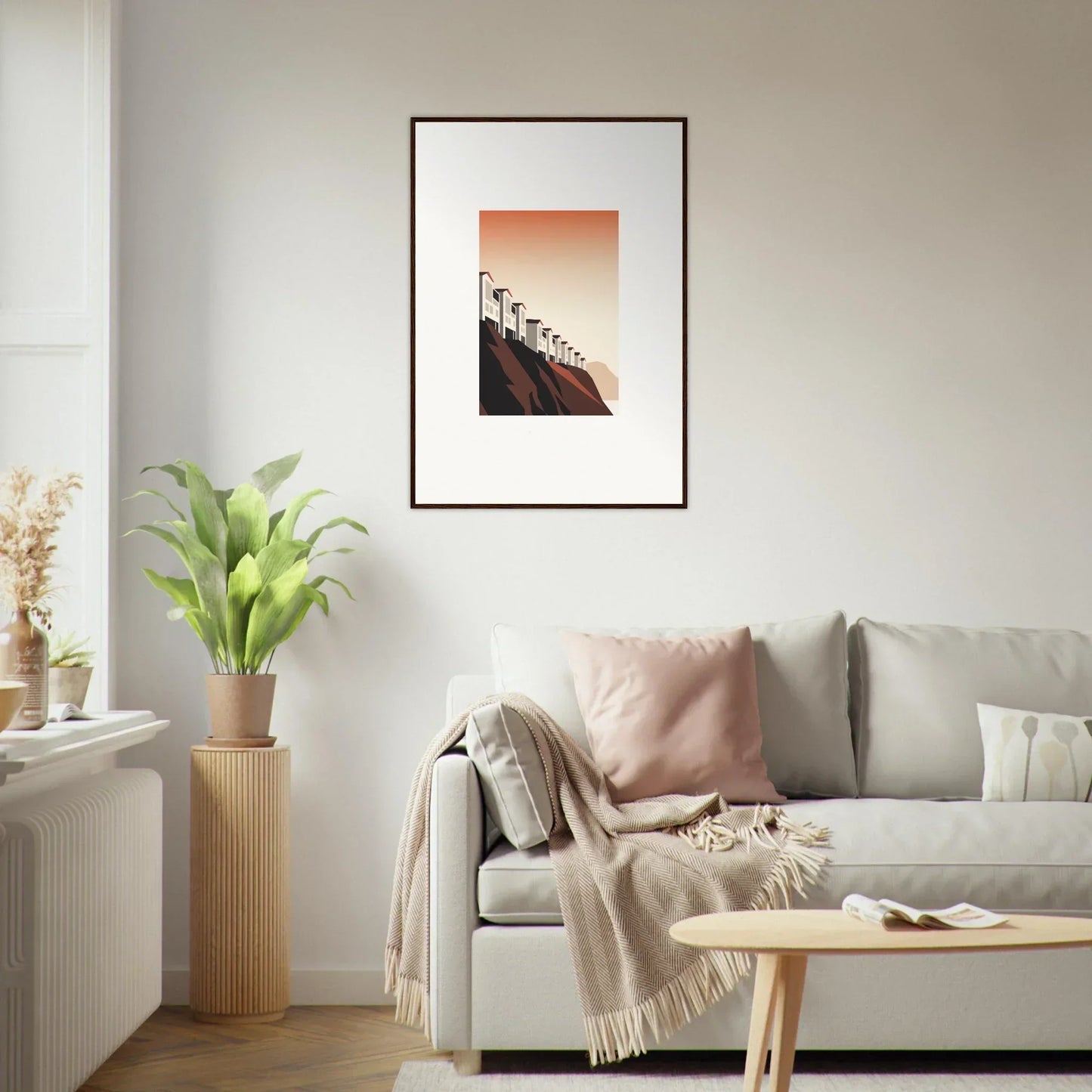 Framed wall art of palm trees at sunset, perfect for room decoration or canvas print