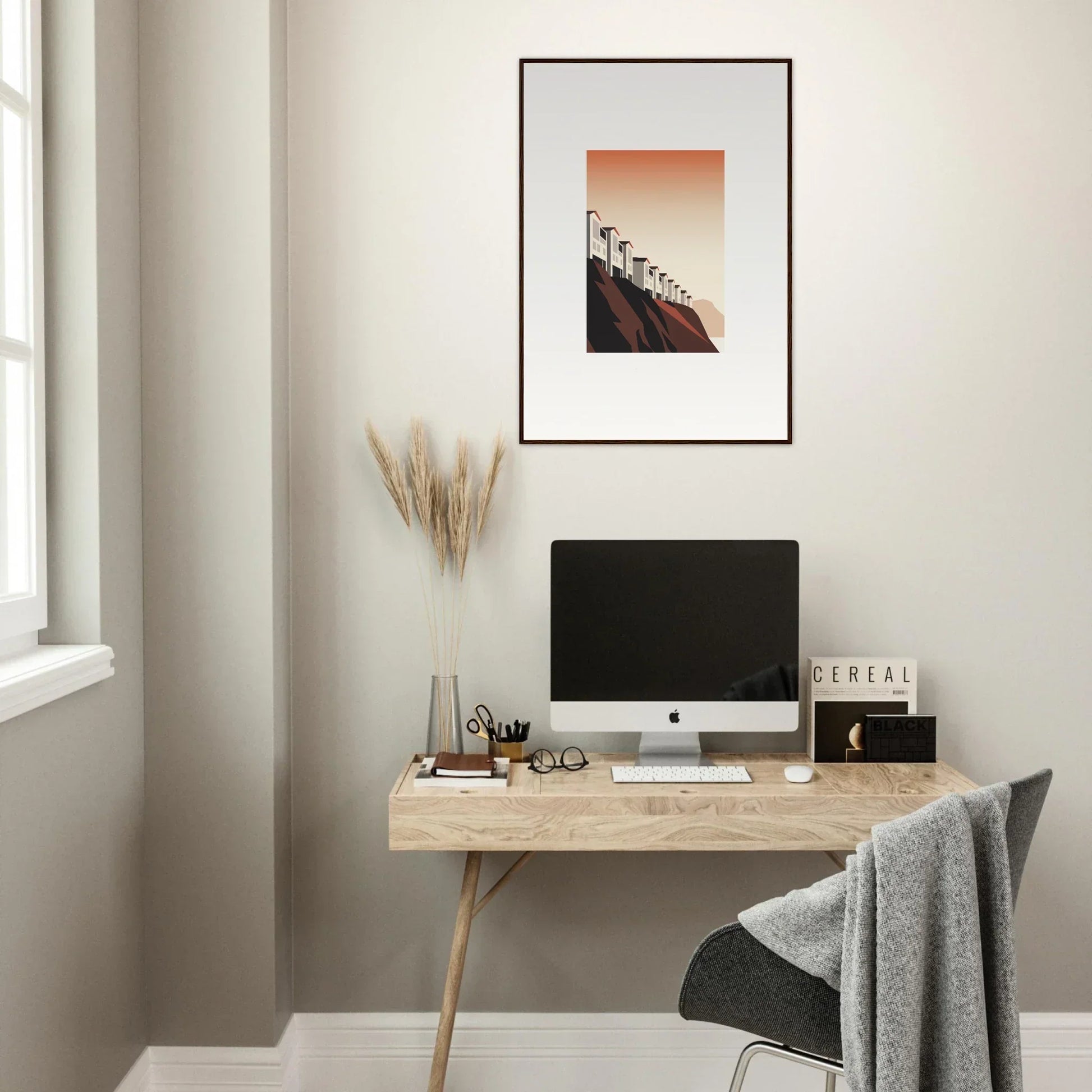 Minimalist wooden desk with computer and office accessories for stylish room decoration