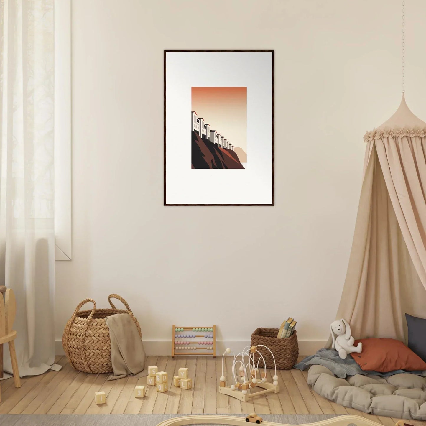 Framed wall art of street lamps at sunset for stylish room decoration