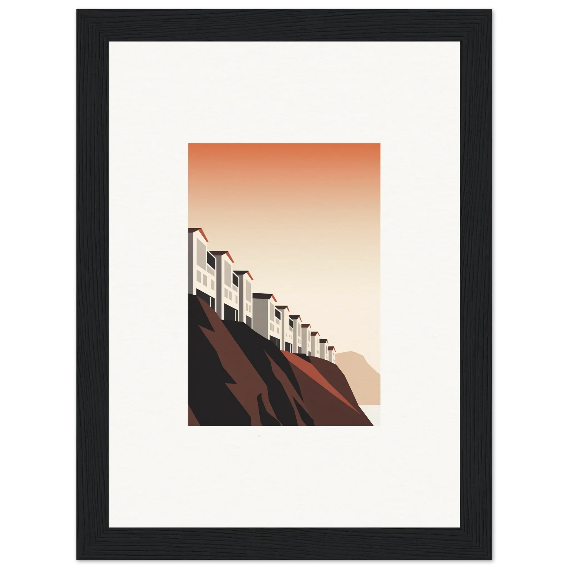 Stylized houses on a cliff with a gradient sky, perfect for wall art or room decoration