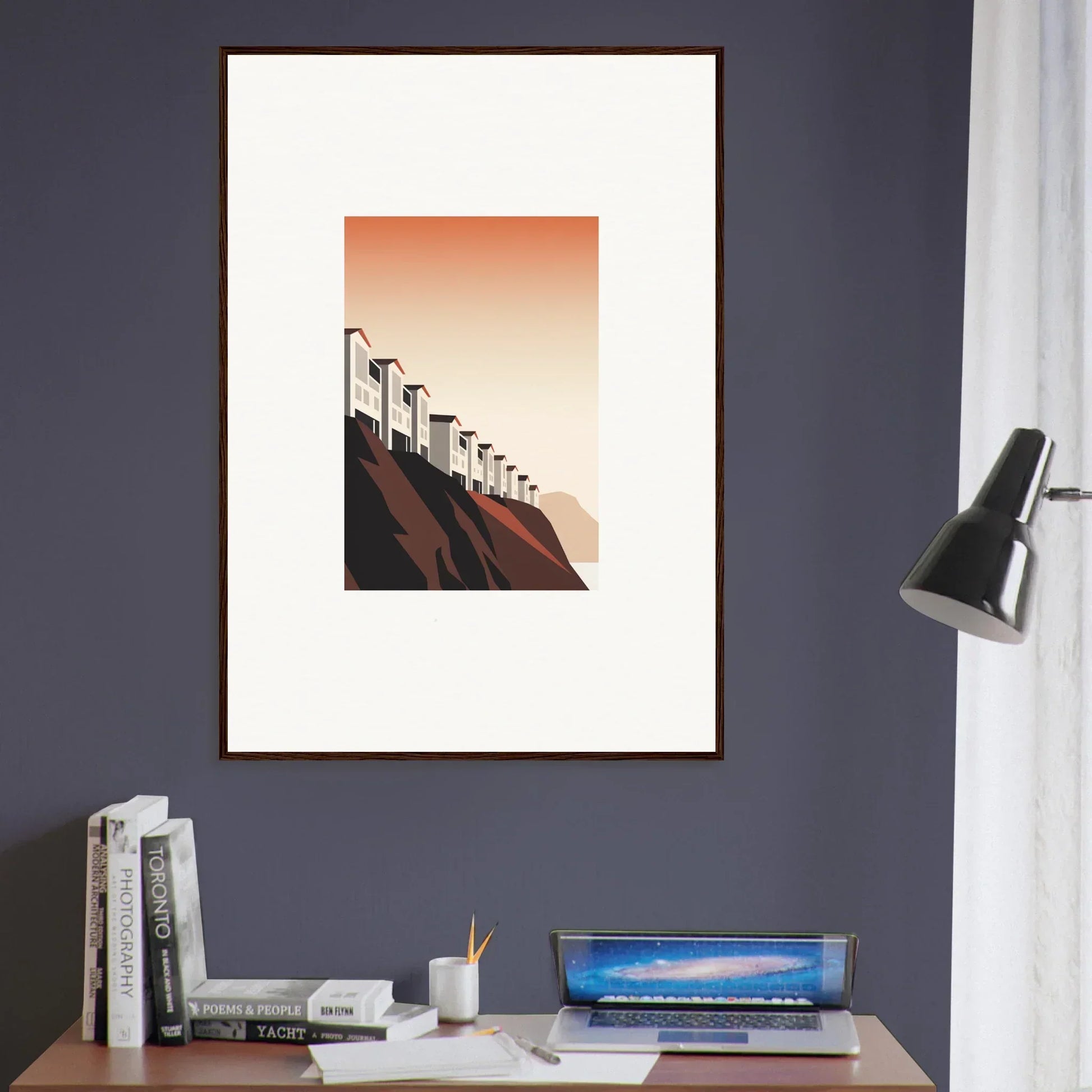 Framed minimalist wall art of street lamps in a gradient orange sky for room decoration