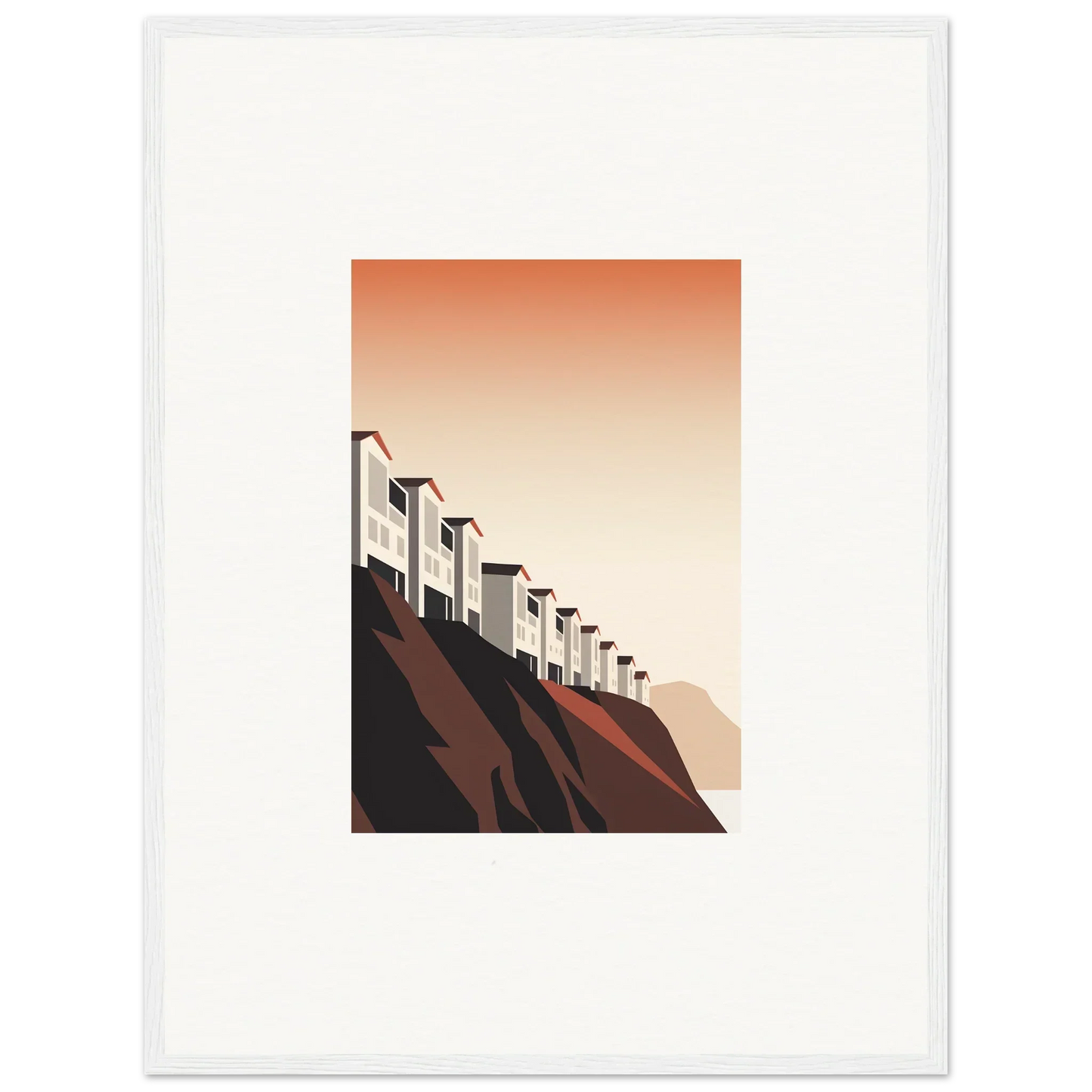 Stylized houses on a cliff with a gradient sky, perfect for wall art or room decoration