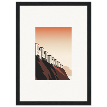 Stylized houses on a hillside with a gradient sky, perfect for room decoration wall art