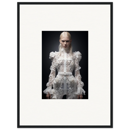 Framed photograph of a person wearing an elaborate white Victorian-style dress with ruffles and lace details.