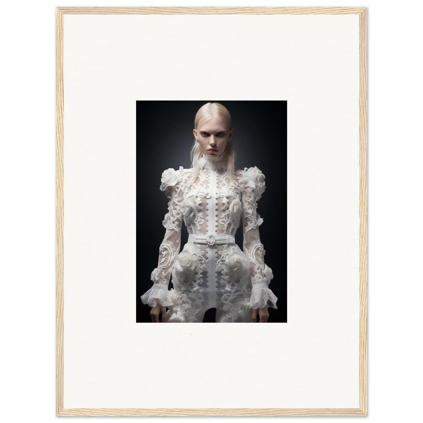 Framed photograph of a person wearing an elaborate white Victorian-style dress with ruffles and lace details.