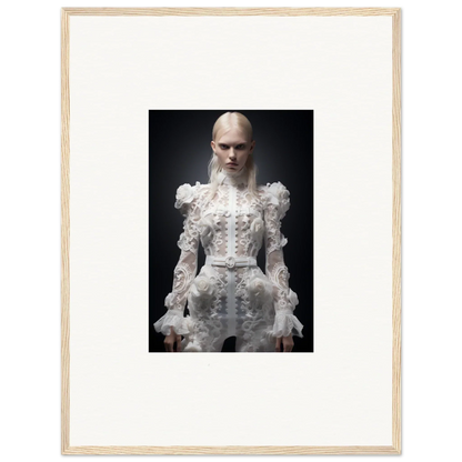 Framed photograph of a person wearing an elaborate white Victorian-style dress with ruffles and lace details.