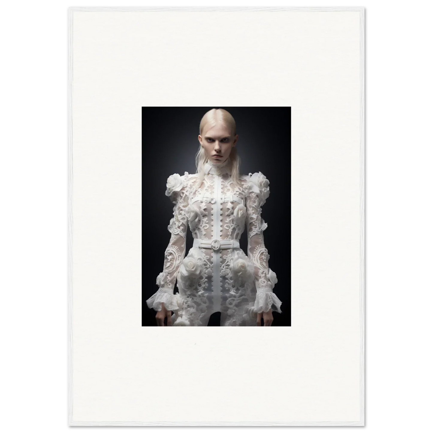 Ornate white Victorian-style dress with ruffled details and high collar.